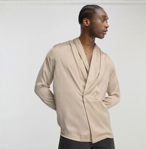 ASOS Design Satin Double Breasted Shirt Mens Size 4XL Taupe Shawl Neck Going Out